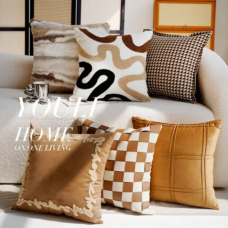 30X50/45X45cm Coffee Plush Throw Pillow Cover Brown Retro Light Luxury Sofa Living Room Cushion Waist Cover Home Pillowcase