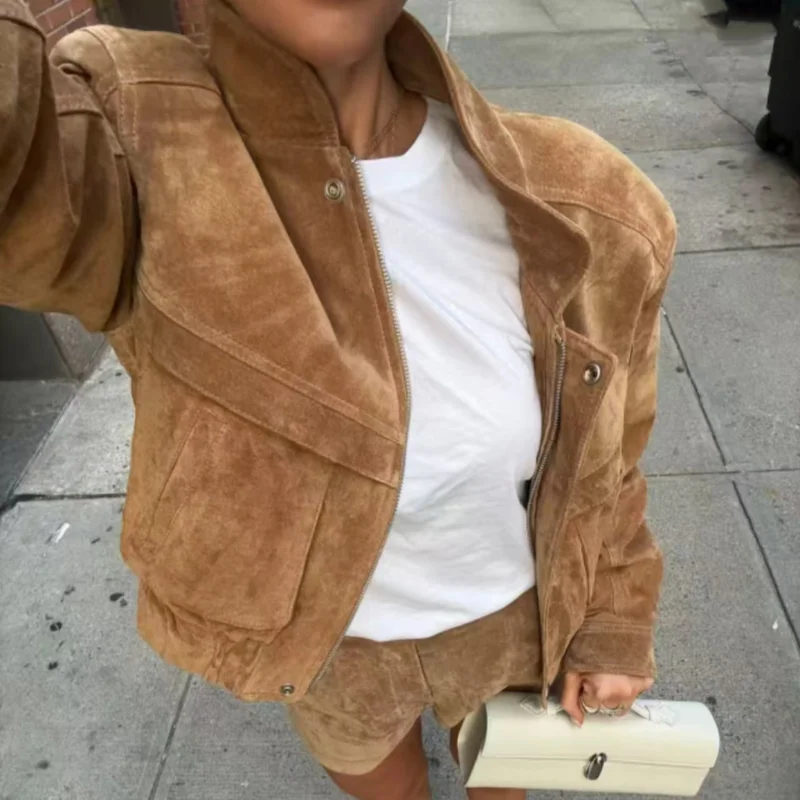 Chic Vintage Suede Long Sleeve Jacket Women's Loose Lapel Collar Zipper Pockets Outerwear Coat 2025 Autumn Lady Loose Outwears