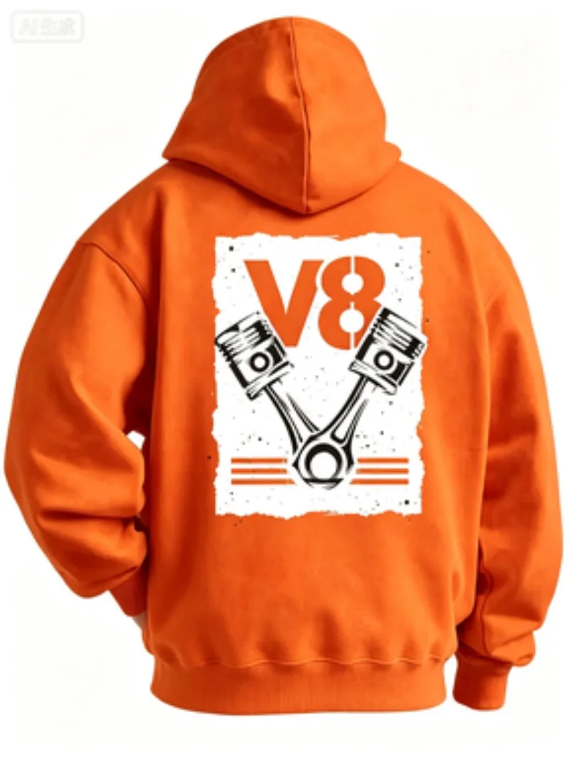 V8 Engine Men Hoodie Retro Mechanical Piston Graphic Casual Hooded Pullover Long Sleeve Sweatshirt  Fit Male Clothing