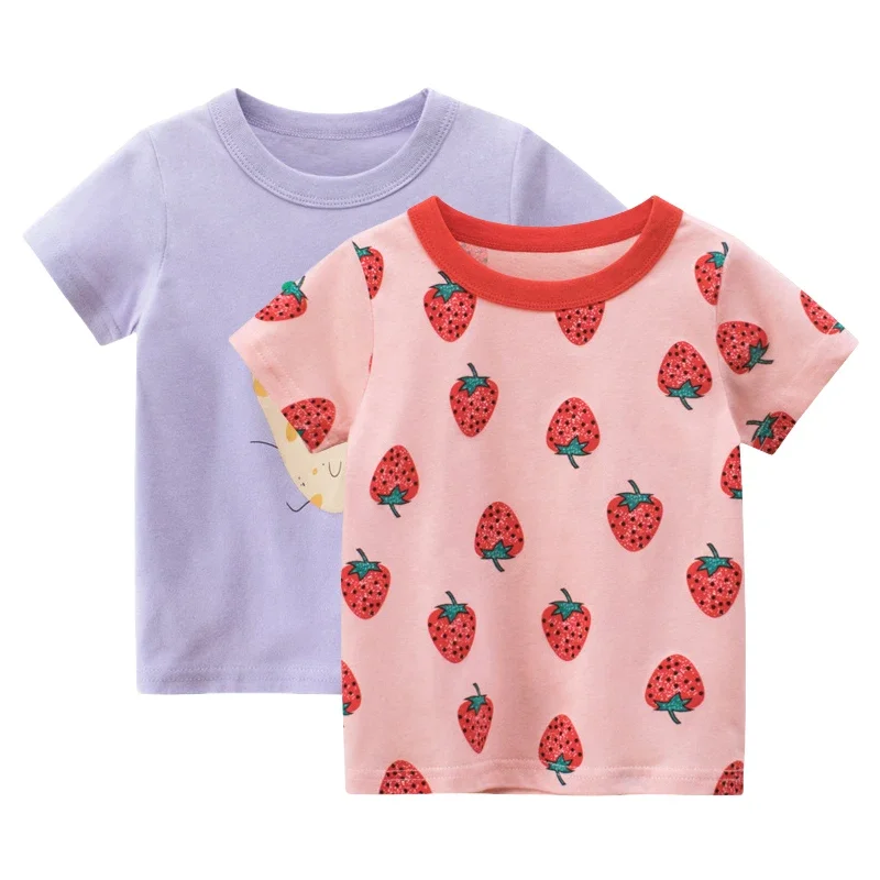 

Children's Clothing 2025 Summer New Girls Strawberry Fruit Print Short-sleeved T-shirt Kids Cotton Top Baby Clothes