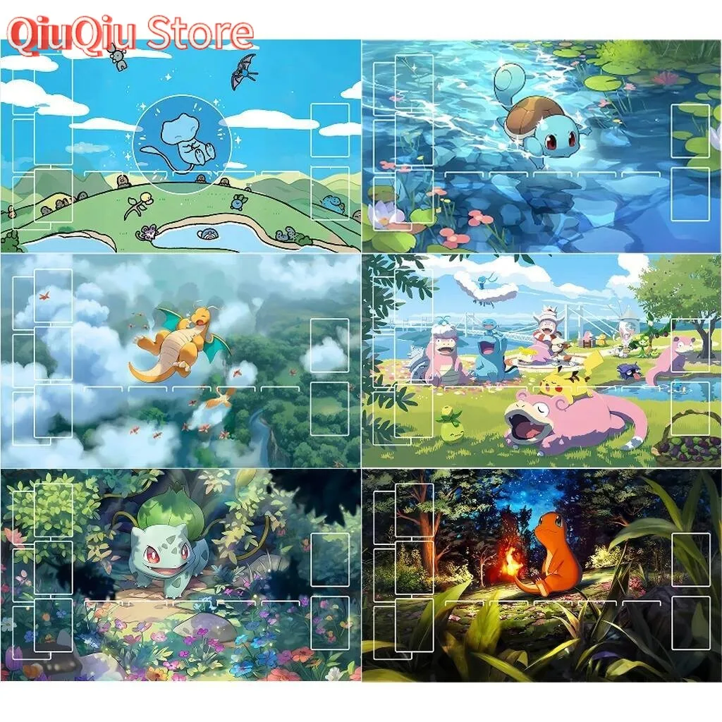 17 diseños DIY 600*350*2MM Pokemon Playmat-alfombrilla de cartas de batalla Anime Mew Leafeon Pikachu Squirtle Bulbasaur Charmander PTCG