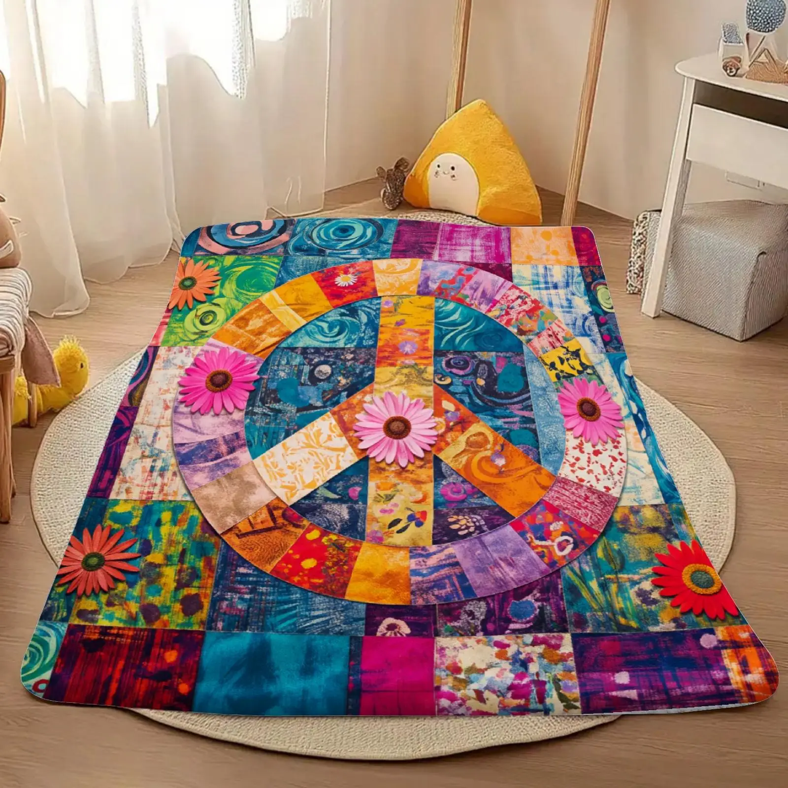 Vibrant Peace Sign Throw Blanket Boho Colorful Geometric Pattern Cozy Living Room Couch Decor