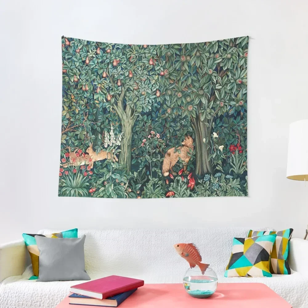 

GREENERY, FOREST ANIMALS Fox and Hares Blue Green Floral Tapestry Decorations For Your Bedroom Christmas Decoration Tapestry