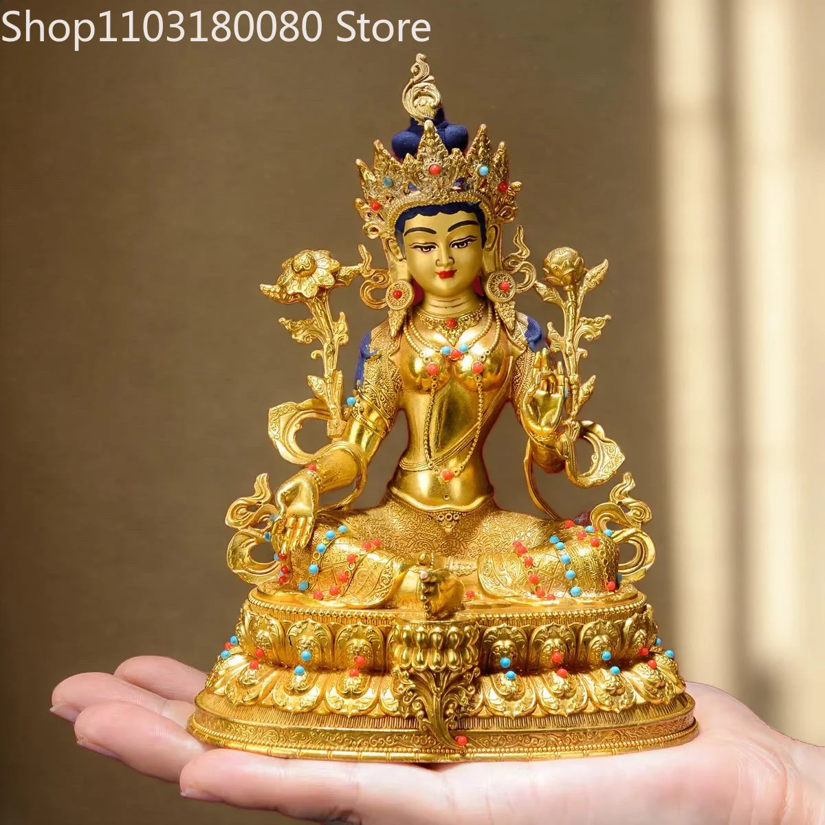 15cm Brass Gilded Green Tara Statue Inlaid & Hand-Painted Face White Tara Sculpture