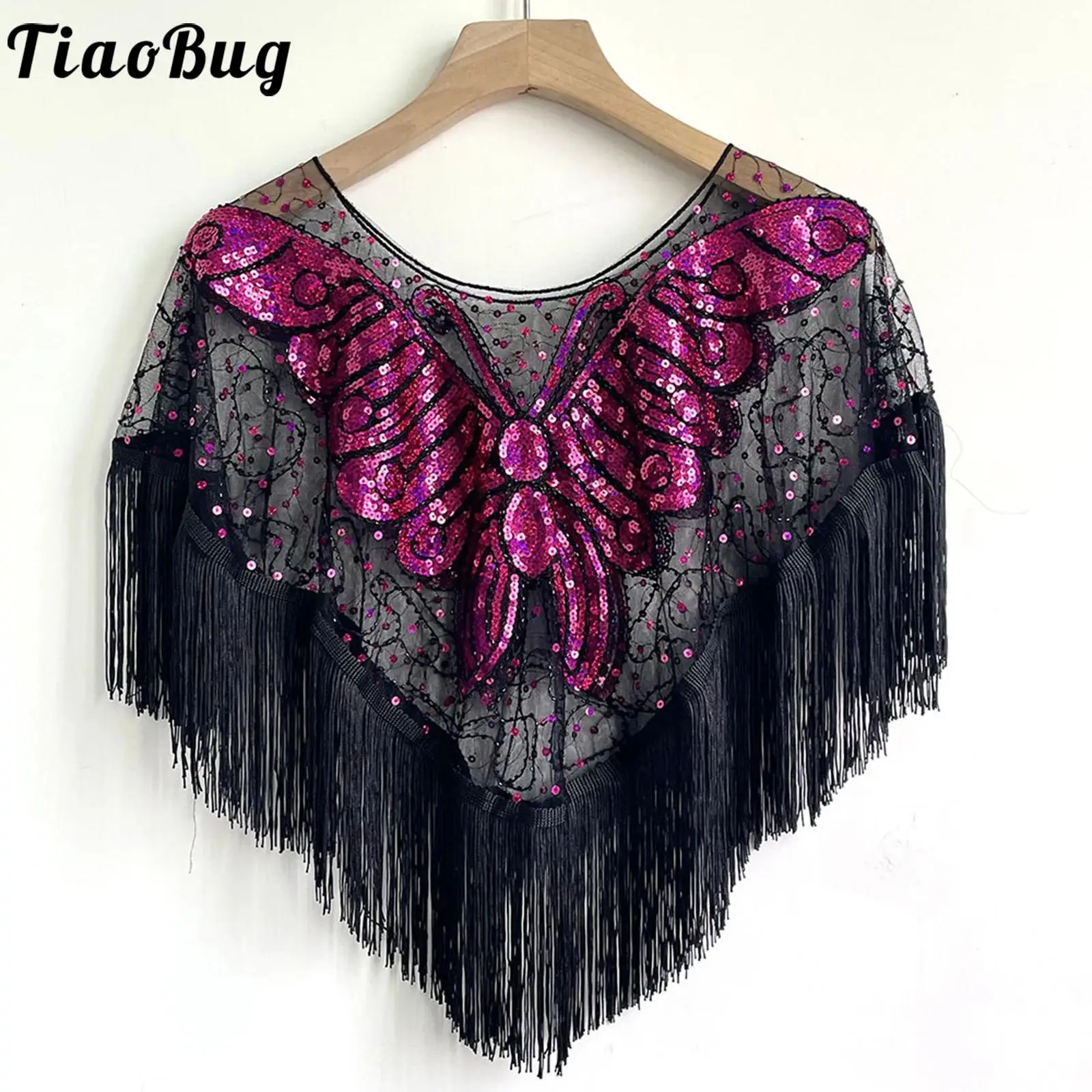 

Women 1920s Vintage Mesh Shawls Wraps Thin Coat Sequin Butterfly Tassel Trim Pullover Bolero Cape for Cocktail Flapper Party
