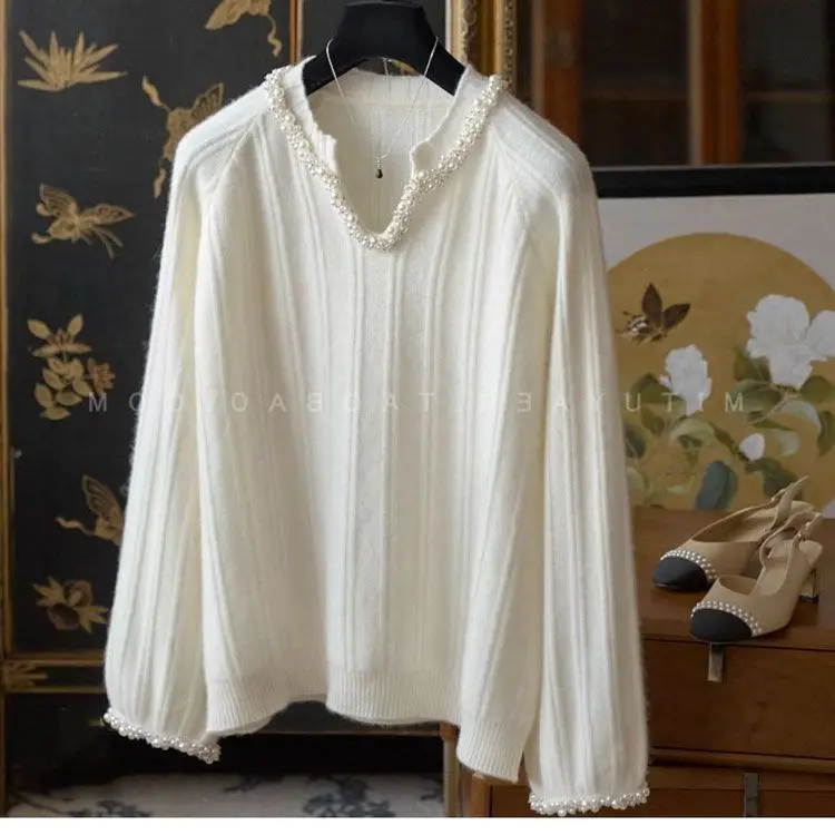 

Luxury Heavy Pearl Embellished Sweater Women Soft Comfortable Knit Top