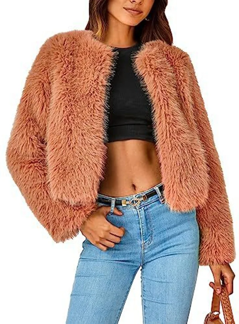 

Winter girls' fashionable jacket short jacket faux fur long sleeved versatile warm jacket autumn and winter clothes