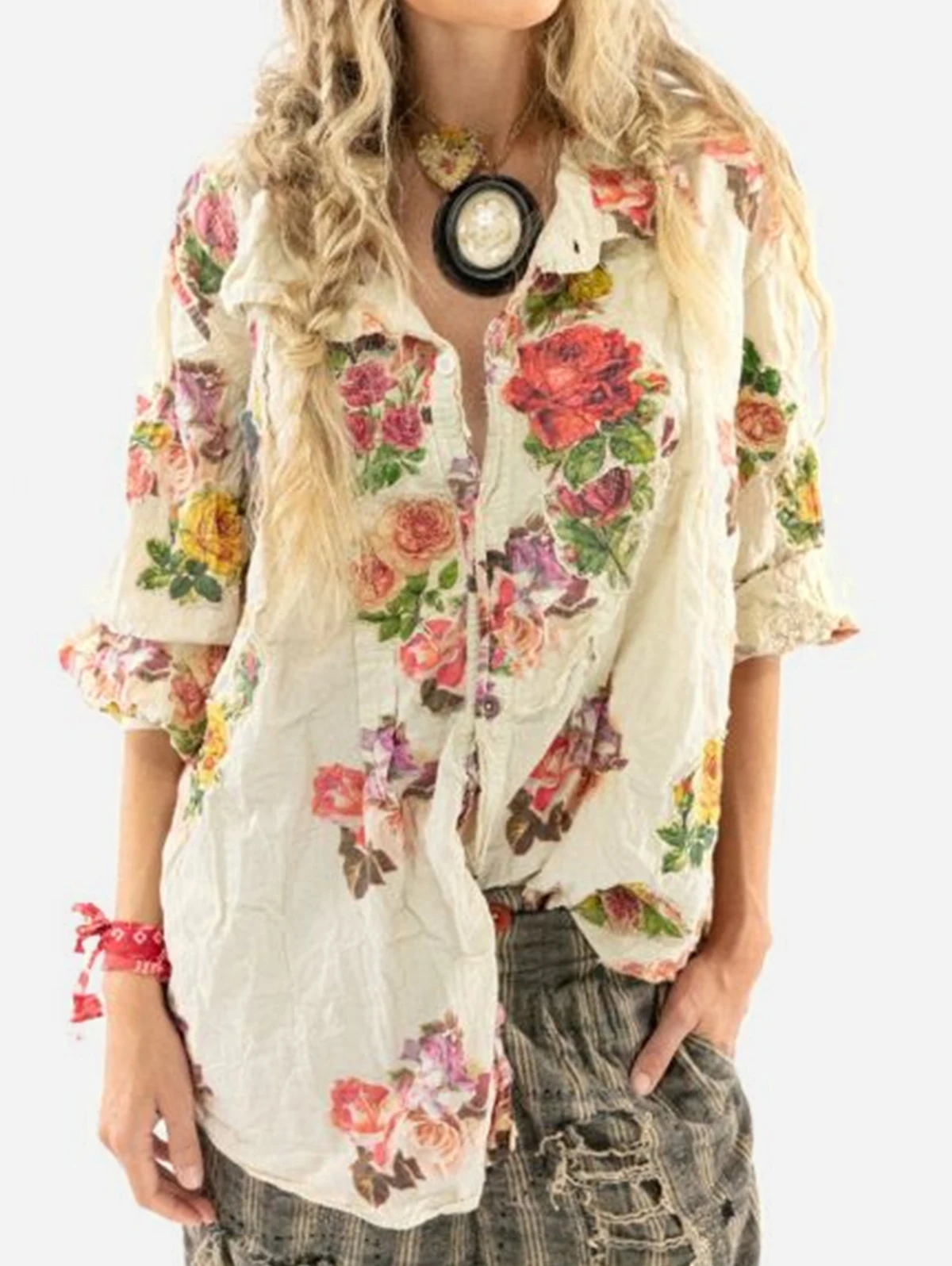 2024 Turn-down Collar Long Sleeve Loose Blouses Shirts Tops Vintage Boho Floral Print Vintage Shirts Women's Spring Autumn Shirt