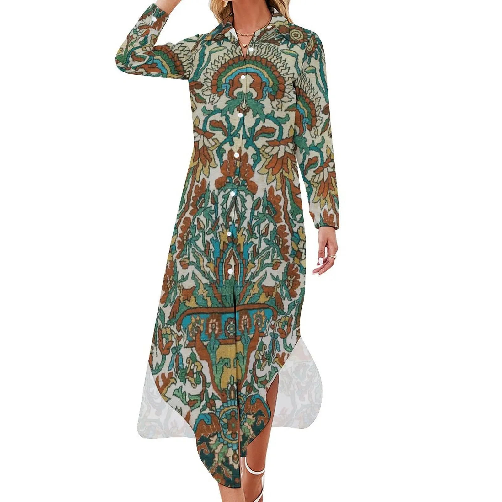 Sarouk Persian Rug Print Long Sleeved Shirt Dress Clothing elegant chic wedding evening dresses