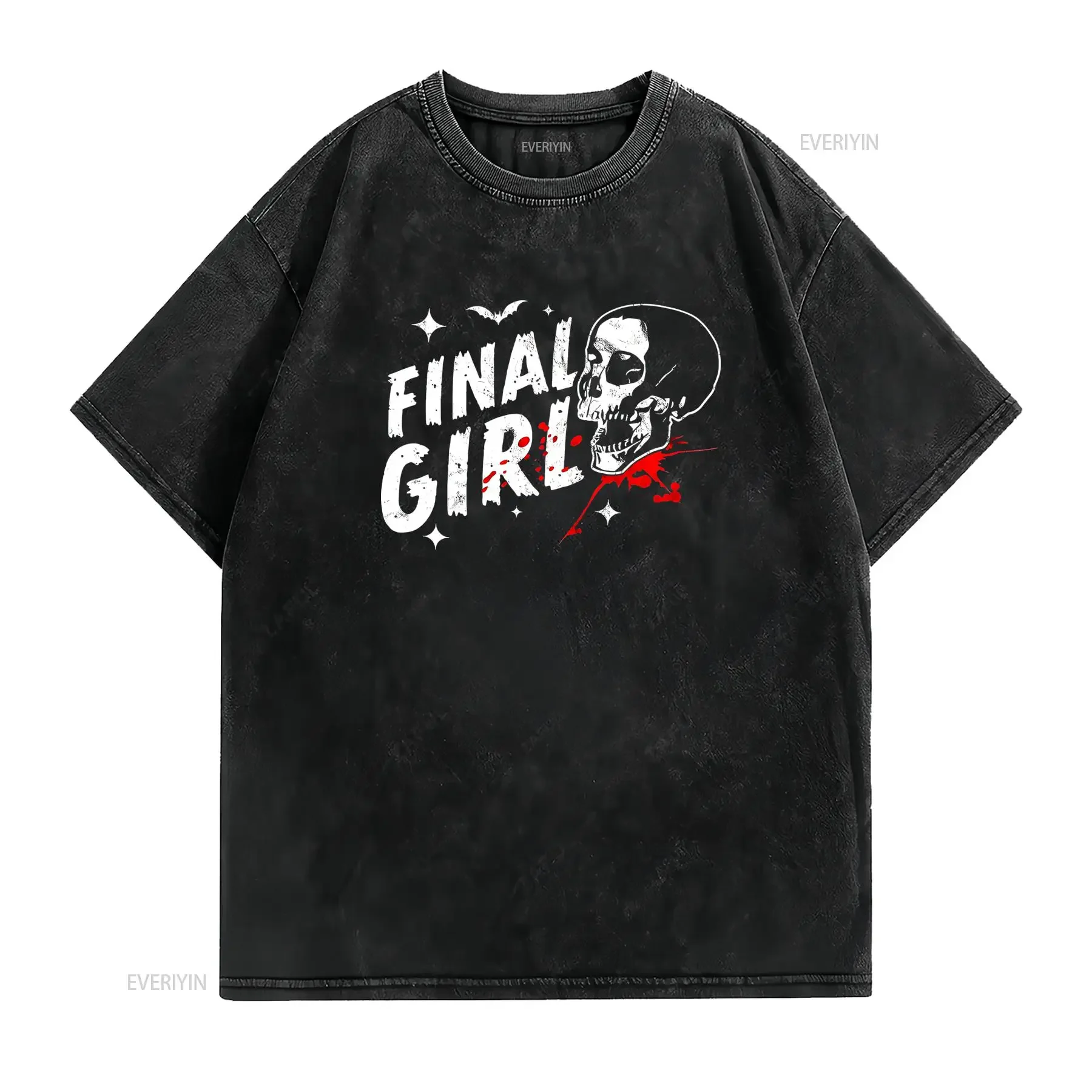 Gothic Horror Final Girl Skull Bat Blood Print Casual Streetwear T Shirt vintage Washed Top For Everyday Wear streetwear