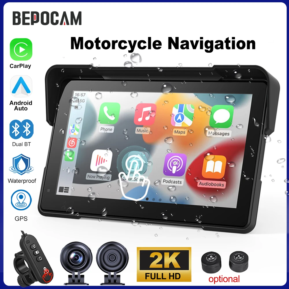 

BEPOCAM 6.25/7'' Motorcycle CarPlay Navigation GPS Wireless CarPlay Android Auto DVR IPX7 Waterproof Display Screen Moto Monitor