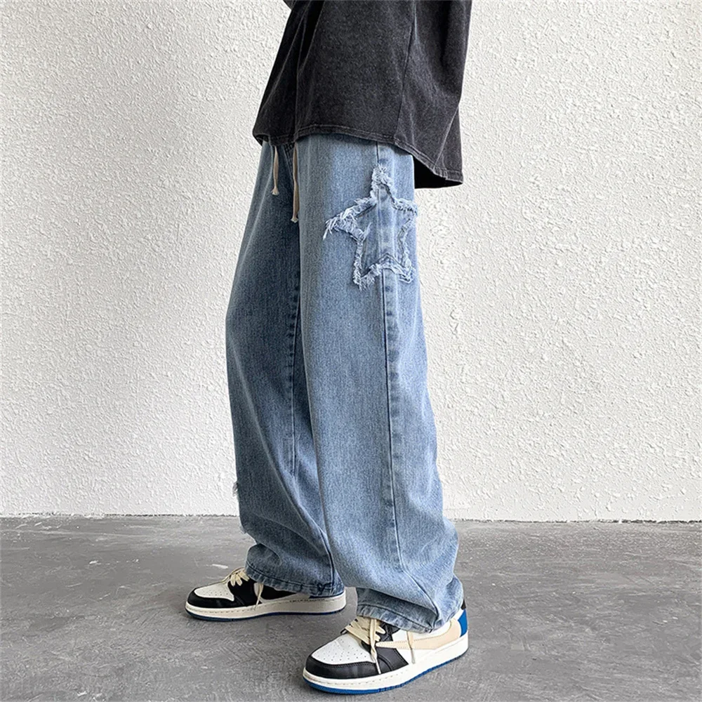 High Street Star Embroidered Jeans Men Retro Washed Patch Loose Wide Leg Pants American Casual Loose Straight Y2K Pants