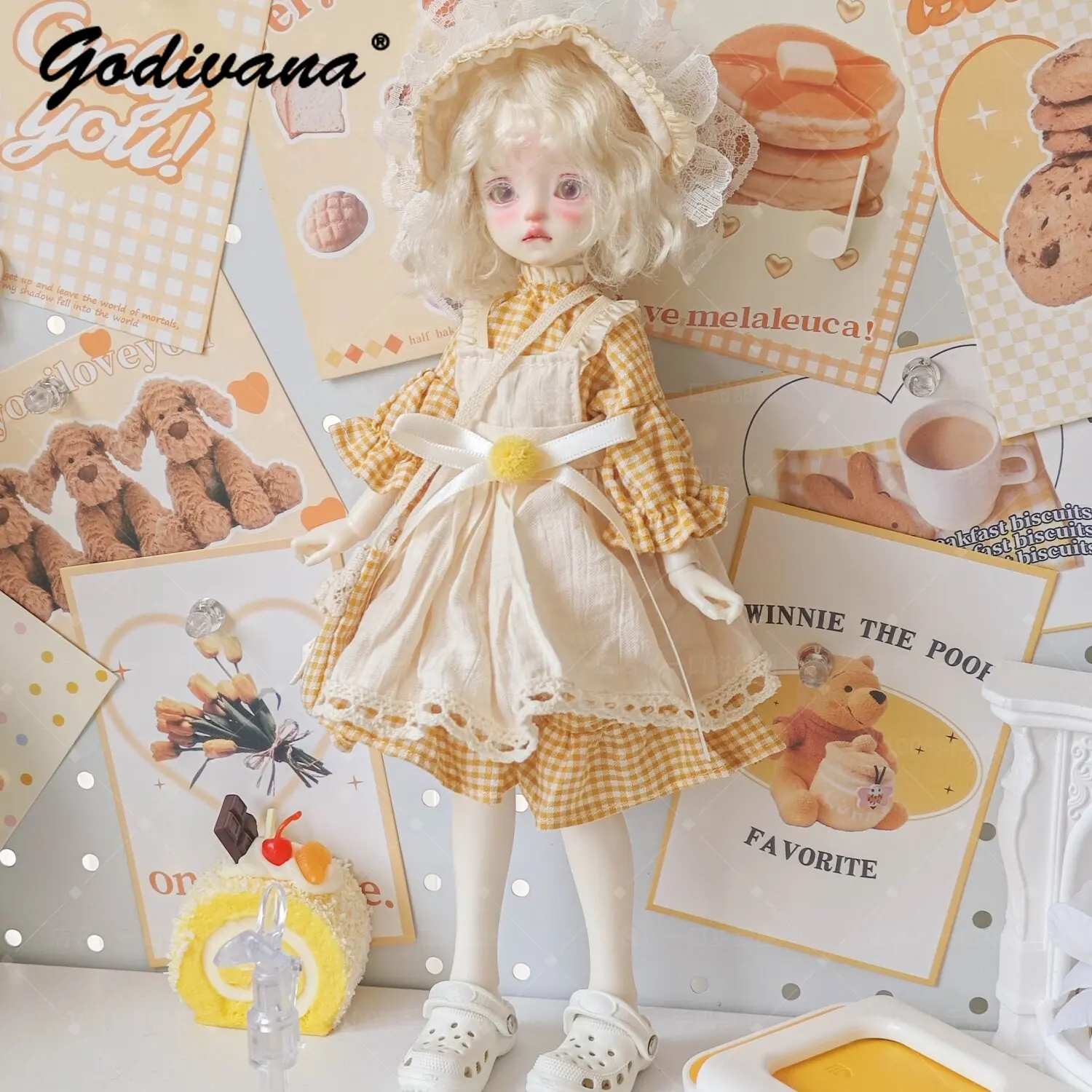 1/6 BJD Doll Clothes Sweet Cute Pastoral Forest Yellow Plaid Flare Sleeves Dress with Ruffle Trim Apron Messenger Bag 4pcs Set