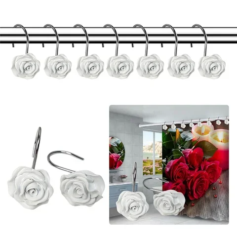 

Shower curtain Hooks 12Pcs/set Resin Hooks Rod Clips Rose Design Window Shower Clamps Bath curtain Ring Buckle Accessories