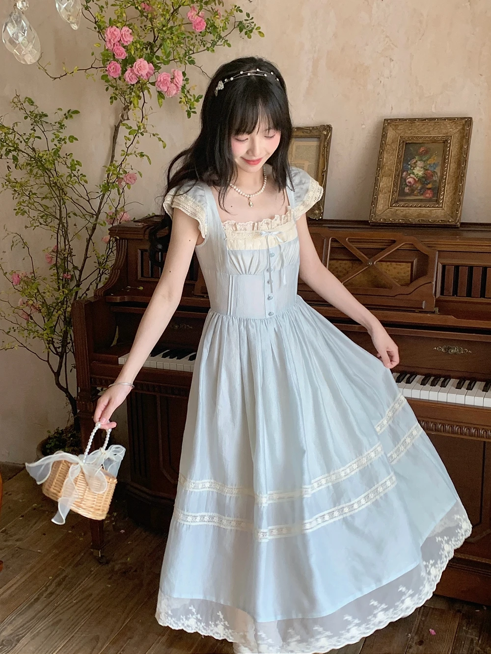 Summer New Style French Retro Sweet Flying Sleeve Lace Bow Blue Long Dress Female