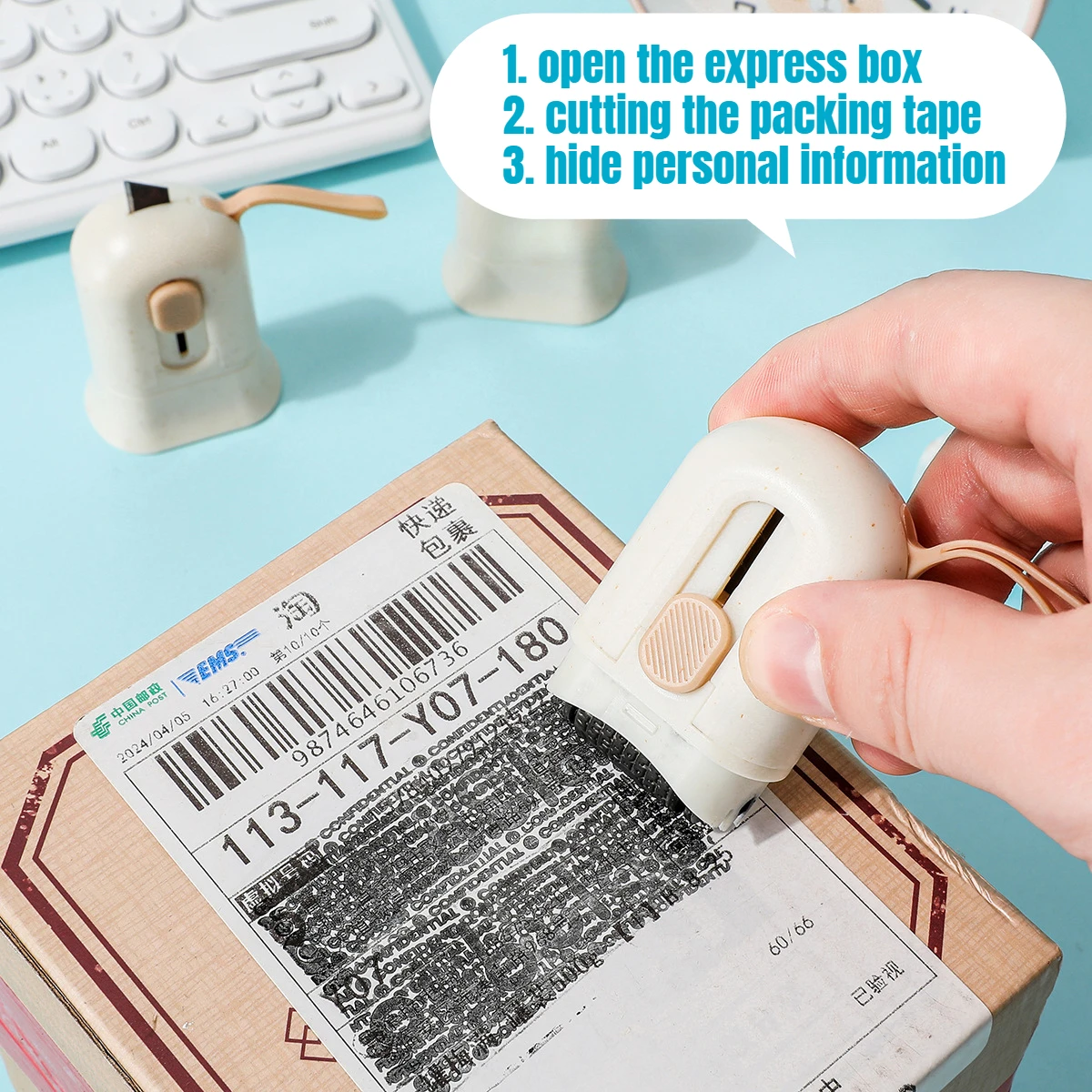 1Pc Multifunctionele Mini Mes Express Box Opener Verpakking Tape Cutter Ontvanger Informatie Privacy Protector Zwarte Roller Stempel