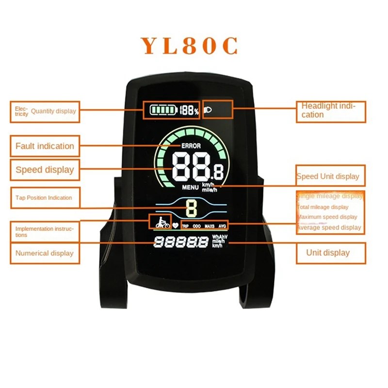 Ebike 36V48V YL80C LCD Meter Intelligent Control Panel Display For Ebike Controller Waterproof Plug Connector