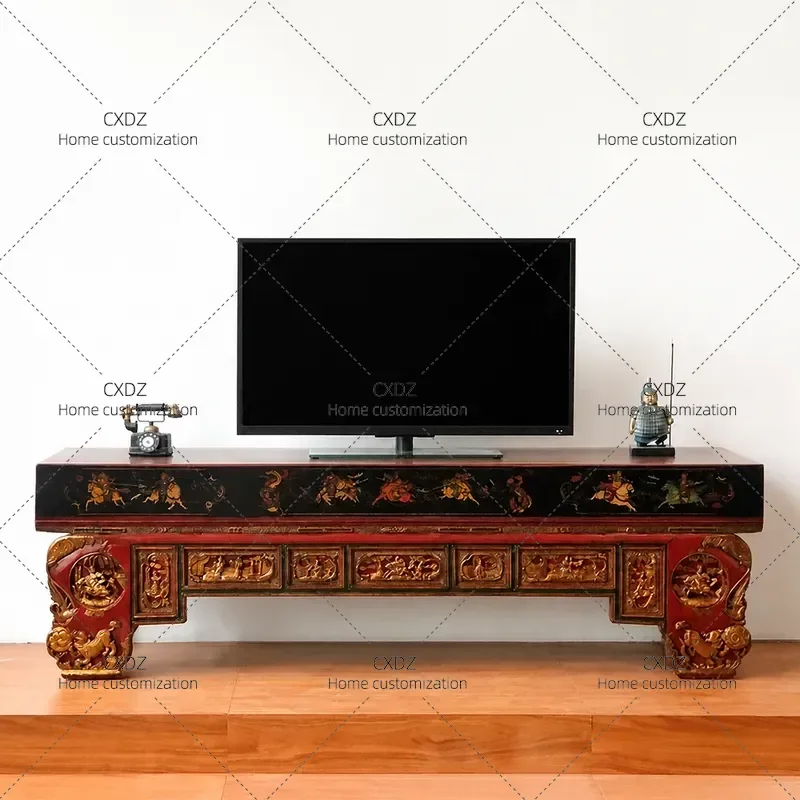 New Chinese Style Solid Wood TV Cabinet Hand Carved Floral Pattern Retro Arhat Chair Double Sofa Living Room Furniture