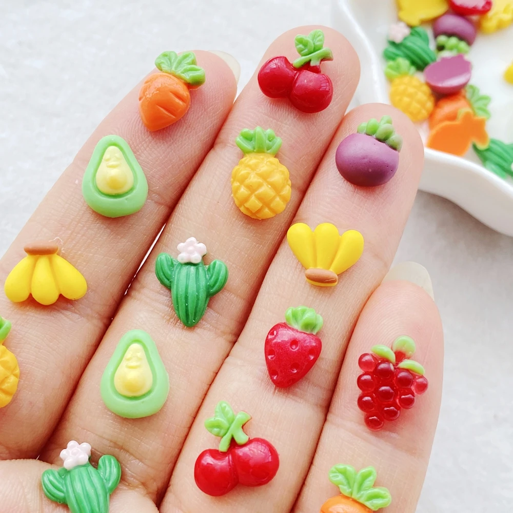 50Pcs Cute Mini Cartoon Cherry, Pineapple, Strawberry Fruits Nail Art Resin Designer Charms DIY Craft For Nail 3D Decorations e
