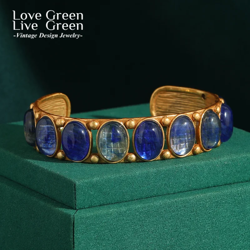 

Blue Gradient Cat Eyes Open Cuff Bracelet Bangle Natural Stone Antique Gold Color Bohemian Jewelry Vintage Palace Style 2025