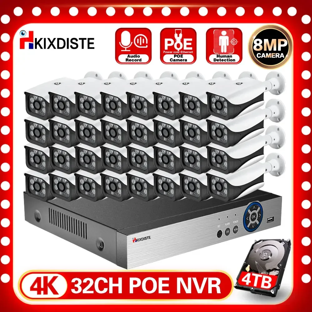 CCTV 카메라 보안 시스템 NVR 키트, 32 채널, 4K, 32CH, NVR, 8MP, 5MP, 오디오 불릿, POE, IP, 사람 감지, 비디오 감시 세트 키트 