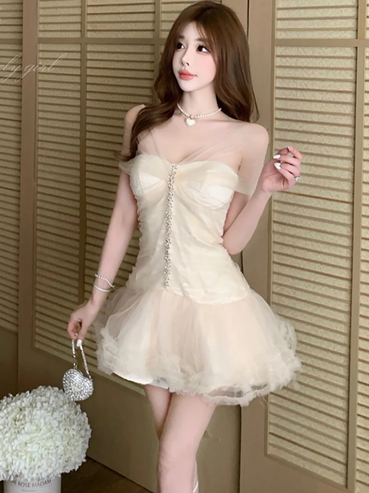 Women Fashion Patchwork Mesh Chic Diamonds Neck-mounted Dress Summer Elegant Birthday Party Dress 2026 Korean Bodycon Prom Dress
