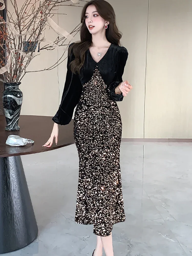 가을 겨울 레드 벨벳 패치워크 스팽글 러플 롱 드레스 여성 우아한 럭셔리 드레스 가운 2026 한국 빈티지 이브닝 드레스