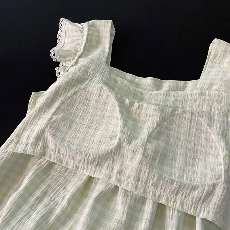 DAIMELU sleeveless pajamas pajamas women's summer new sweet bow pure cotton suspenders with chest pads green plaid nightgown