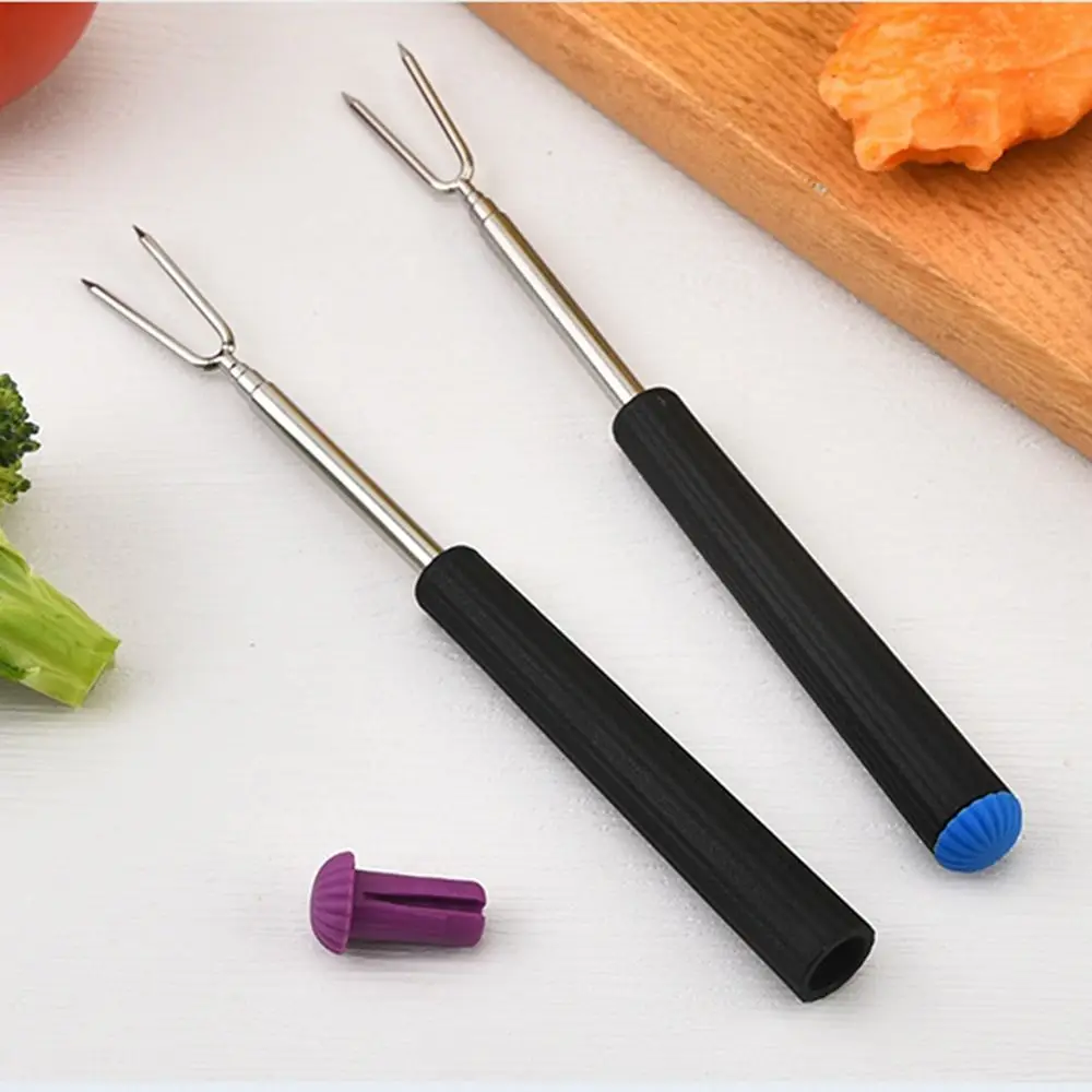 6Pcs Stainless Steel Fondue Forks Telescopic V-Shaped Barbecue Fork Set Reusable Non-Slip Handle Grilling Fork Hiking
