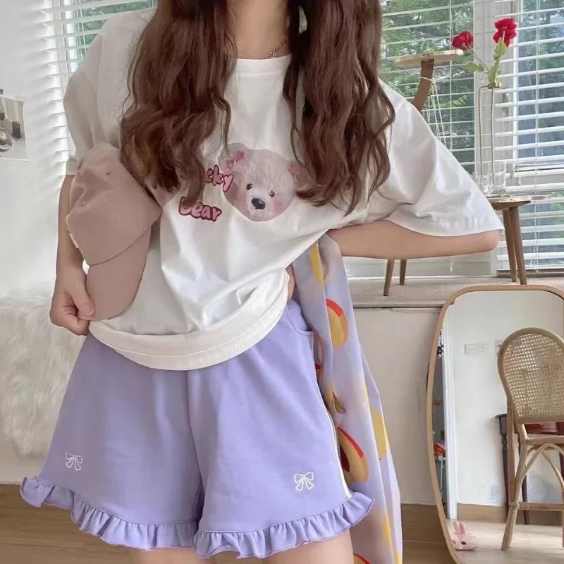 New 2025 Summer Sports Shorts Women Japanese Bow Embroidery Loose Ruffles Cute Woman Short Pants Young Girl