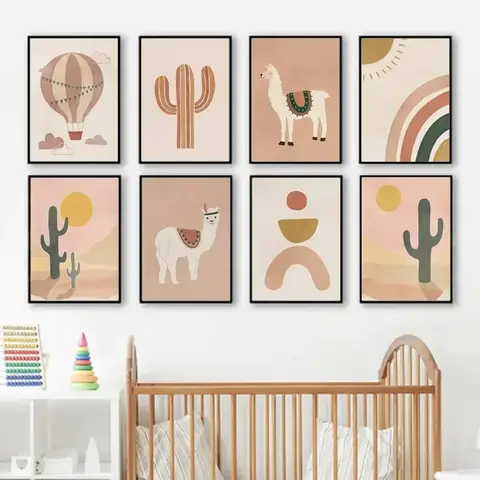 Abstract Landscape Llamas Rainbow Sun CactusArt for Boho Nursery Canvas Painting Posters Prints Wall Pictures for Kids Room