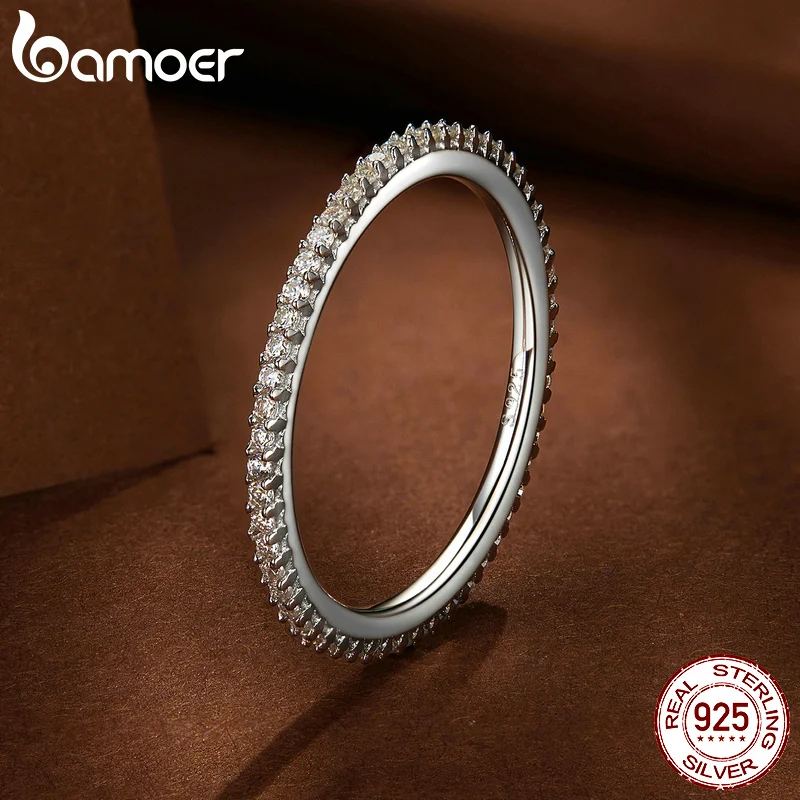 Bamoer Simple Moissanite Eternity Bands Minimalist Stackable Ring 925 Sterling Silver for Women Engagement Fine Jewelry Gift