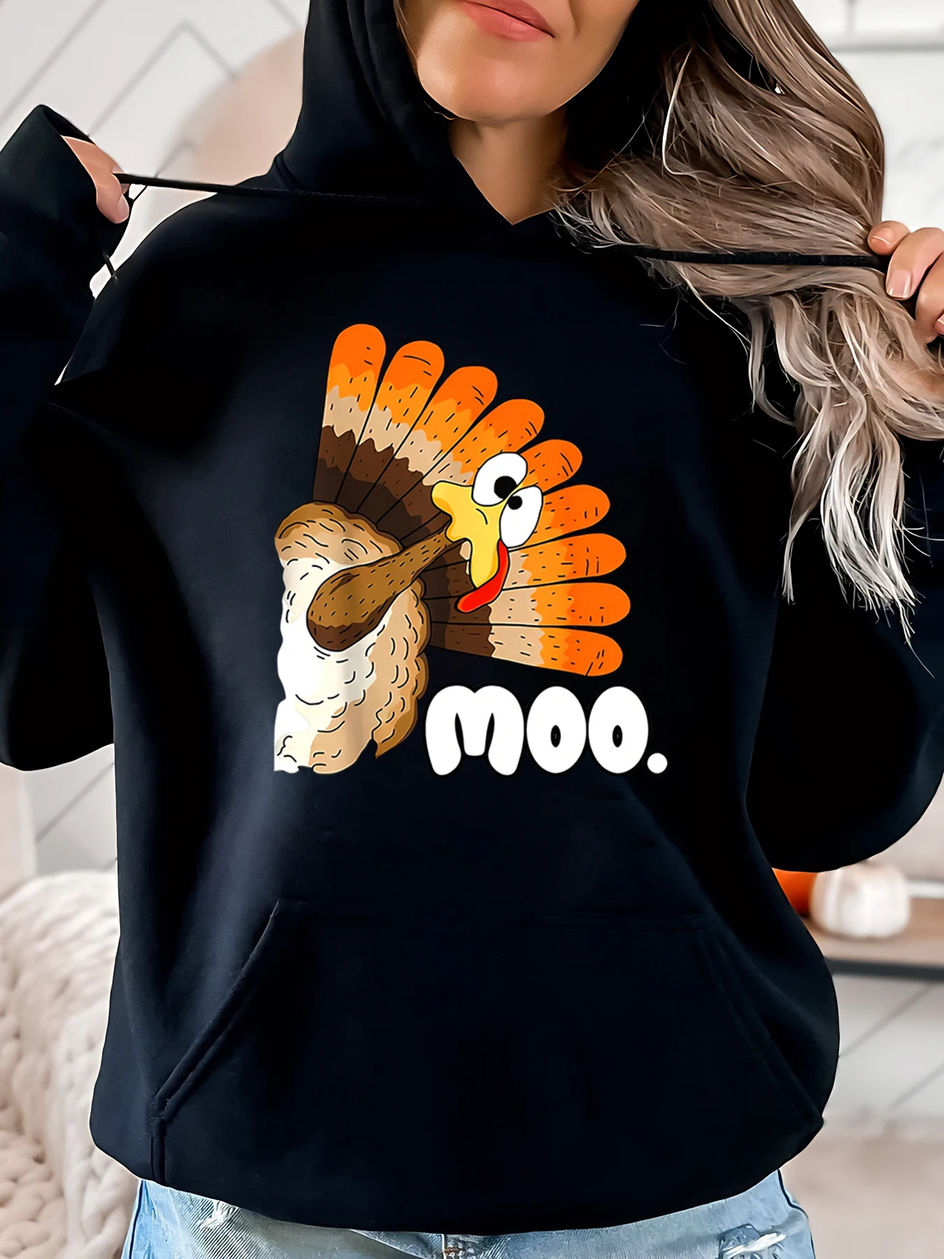 

Толстовка с капюшоном на День Благодарения и принтом Турции Moo, женская повседневная осенняя одежда, черная, больших размеров