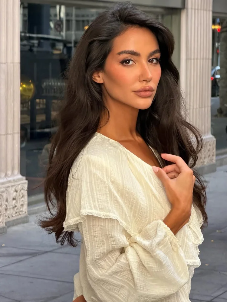 

Women Lace-up Layered Lace Shirt White Elegant Full Sleeve Ruffle Short Shirts 2026 Spring Summer Lady Daily Commute Outwear
