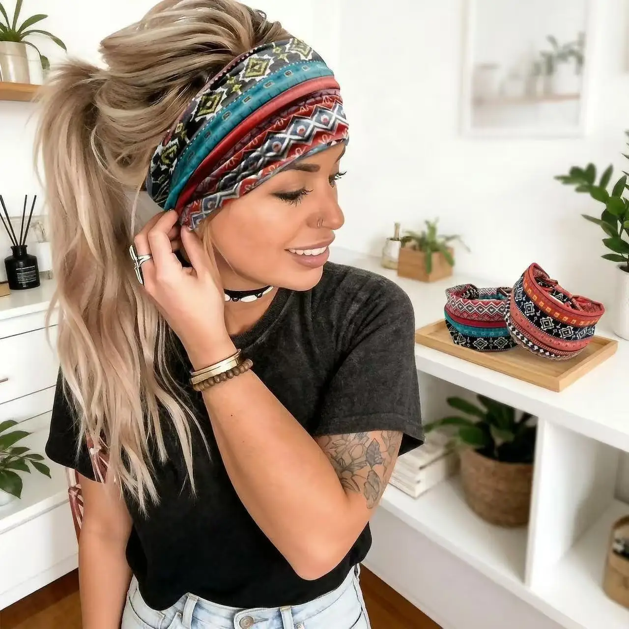 

4pcs/Bohemian Printed Wide Headband - African Style Elastic Turban Hairband, Soft Breathable Yoga Head Wrap for Women
