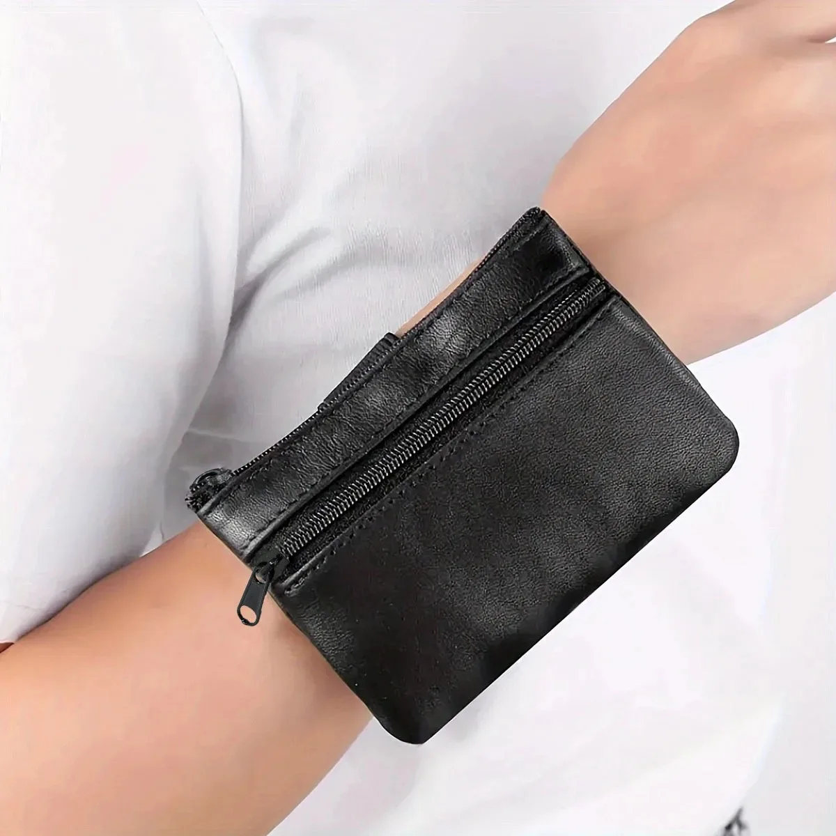 Sac de poignet portable (fermeture éclair noire), sac à clés pour la course matinale, porte-monnaie, porte-cartes, porte-monnaie en cuir PU, 1 pièce