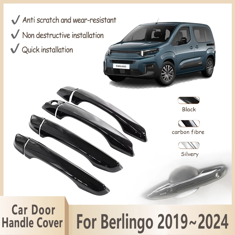 Door Handle Cover For Citroen Berlingo K9 2019~2024 2021 2022 2023 Peugeot Partner Rifter Gloss Black Car Accessories Stickers