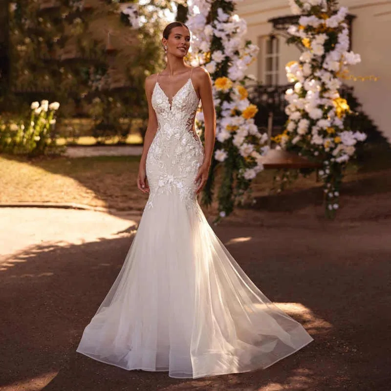 

Elegant Sexy Mermaid Wedding Dress 2025 Sheer V-Neck 3D Floral Lace Appliques Tulle Bridal Gown for Brides