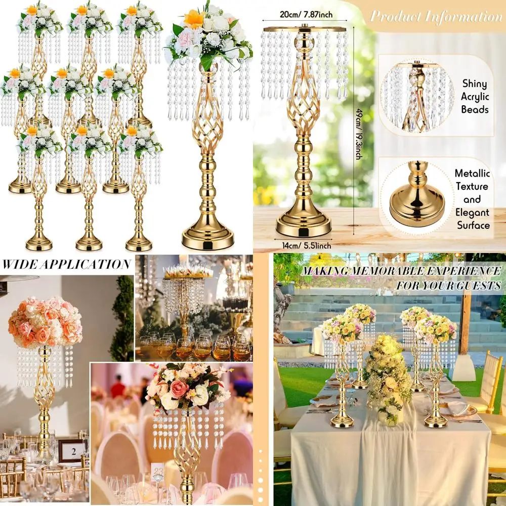 

Gold Crystal Flower Stands for Wedding Centerpieces, 19.3 Inch Tall Vase with Chandelier Metal Flowers, Elegant Table Decor