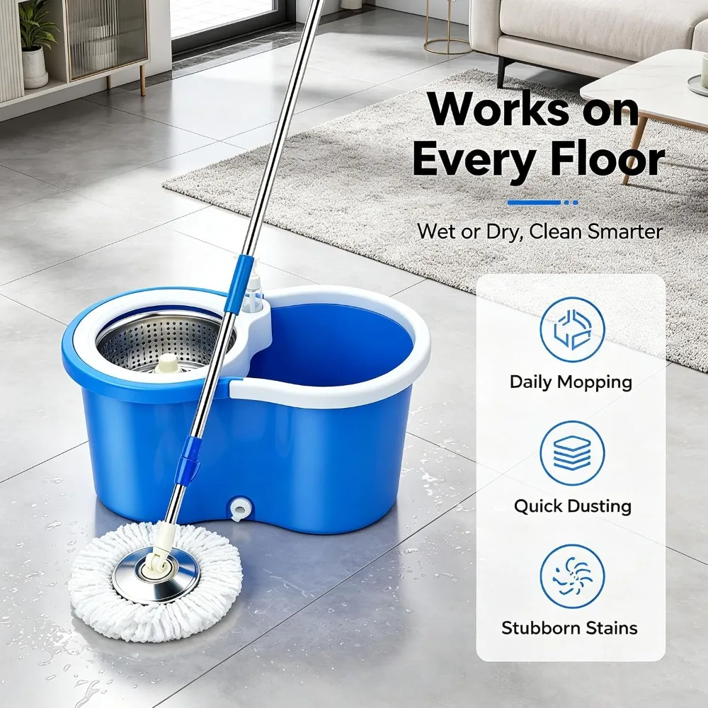 360 Spin Mop and Bucket Set, Easy Wring Self Cleaning Floor Mop with 3 Replaceable Microfiber Heads & Adjustable Handle
