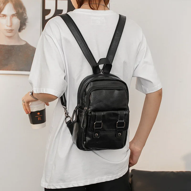 Lightweight Multifunction Men\'s Backpack Fashion Chest Bag Small Shoulder Bags For Men Crossbody Bag PU Leather Small Backpacks