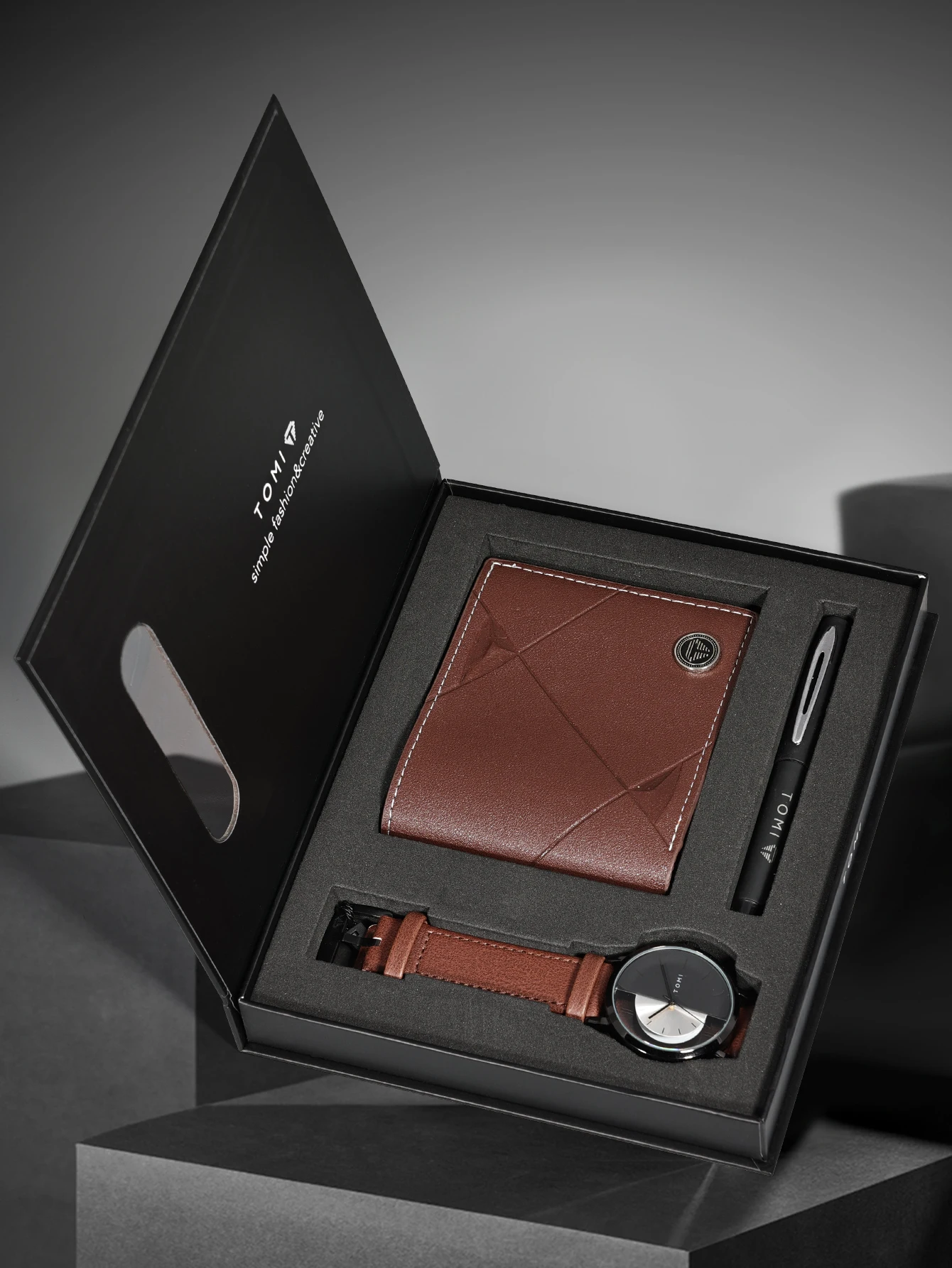 TOMI 3PCS Luxus Business Geschenk Box Set Männer Uhr Brieftasche Einfache Freizeit Kreative Hohl Zifferblatt Männer Quarzuhr Uhr uhr Geschenke – Detail 14