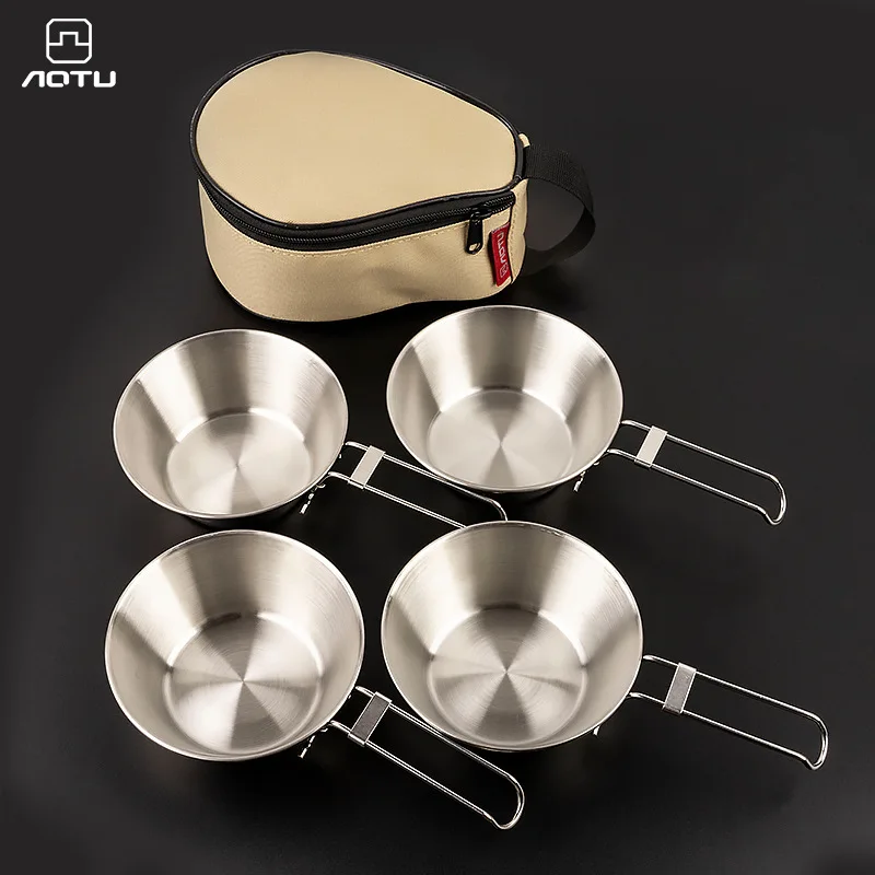 (4pcs) Outdoor Stainless Steel Shera Bowl 500ml Set Portable Camping Tableware Bowl