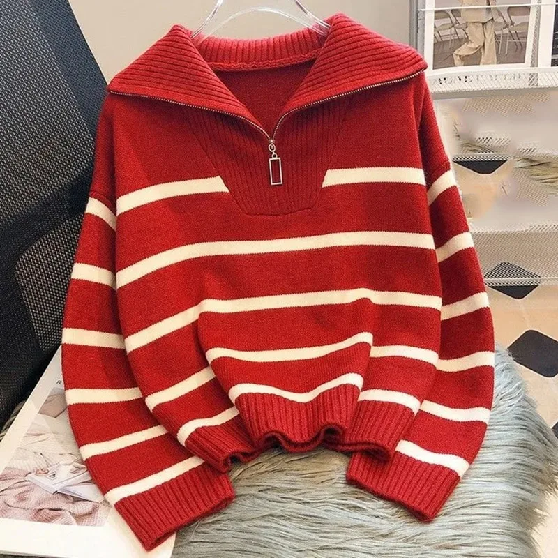 Rasa tinggi wanita longgar sweater Fit Pullover Korea baru wanita pakaian rajut bergaris musim gugur musim dingin wanita rajut lengan panjang