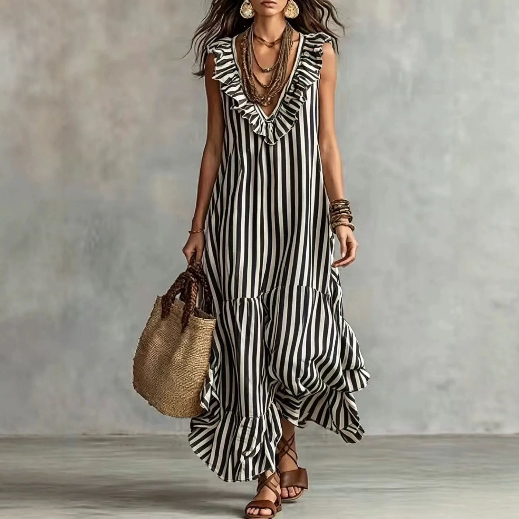 Bohemian Striped Ruffle V Neck Sleeveless Dress Summer Dresses Jumpsuit Playsuit 2