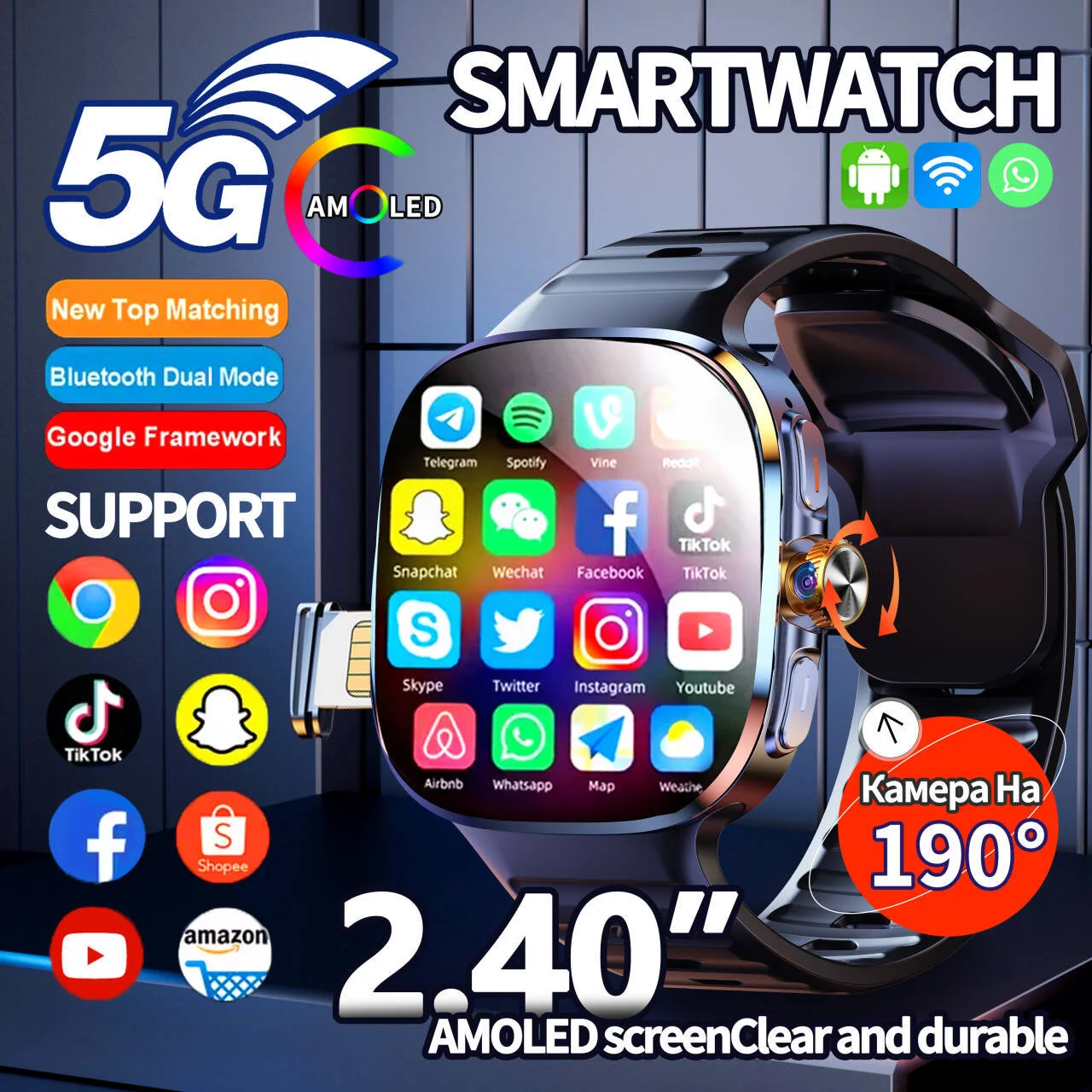 

Original M99 Smart Watch Android 4G/5G SIM Card 2.4''AMOLED 190°Rotating Camera WIFI GPS Bluetooth Dual System Google Smartwatch