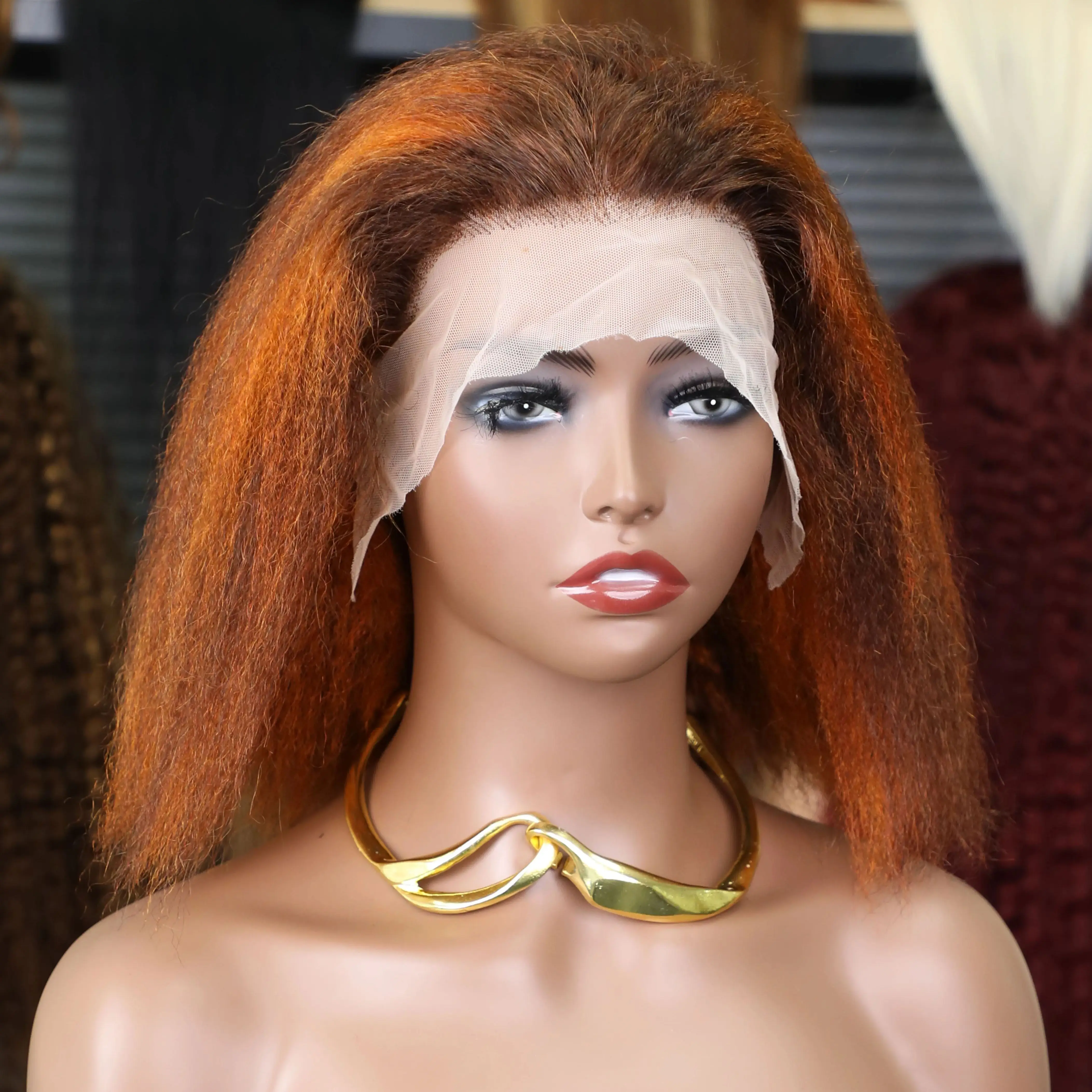 

Highlight 4/350 Short Kinky Straight Bob Wig Human Hair Brazilian Brown Ginger Piano Color Yaki 13x4 Lace Frontal Human Hair Wig
