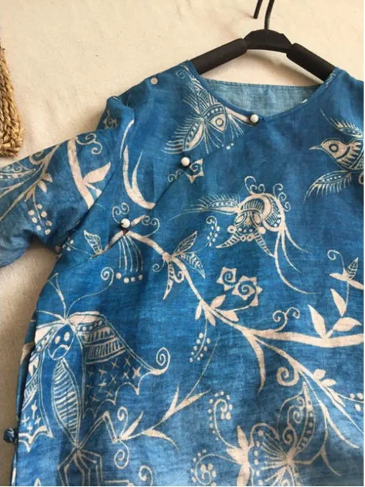 

Retro Print Modified irt Large Size Women's Slanting Button Svel Casual Overhead Top Cotton Other Material