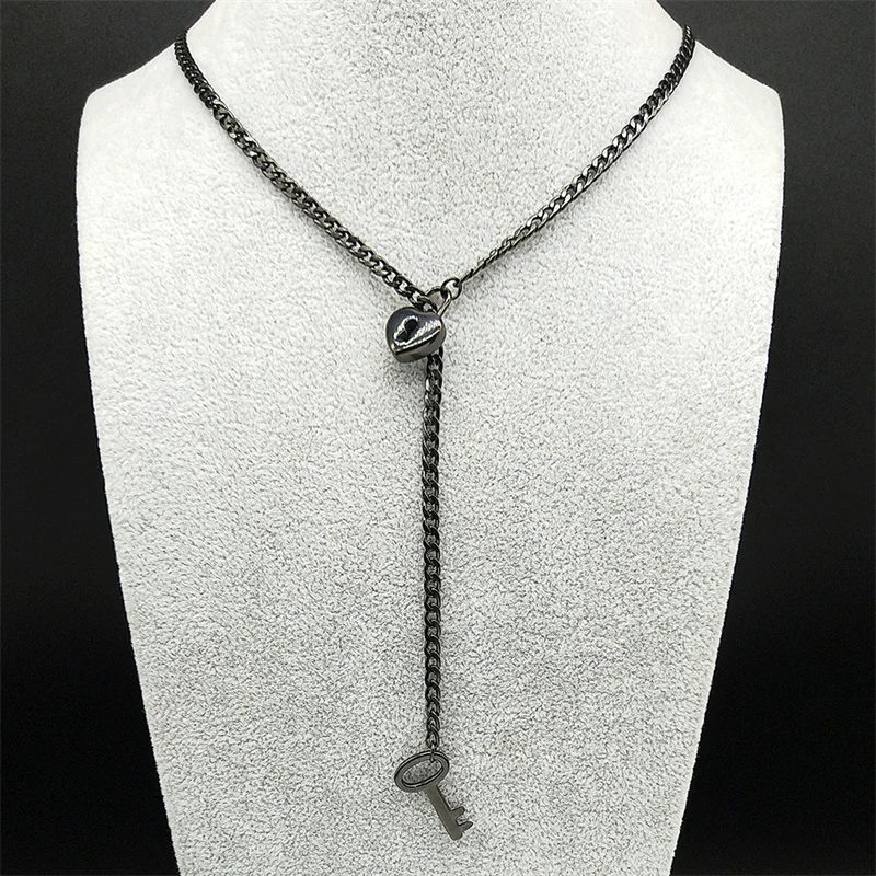 Herz-O-Ring Lange Kette für Damen und Herren Punk-Rock-Halskette Edelstahl Schlüssel-Schloss-Halsketten Verstellbare Y-Halskette Schmuck Geschenk – Detail 8