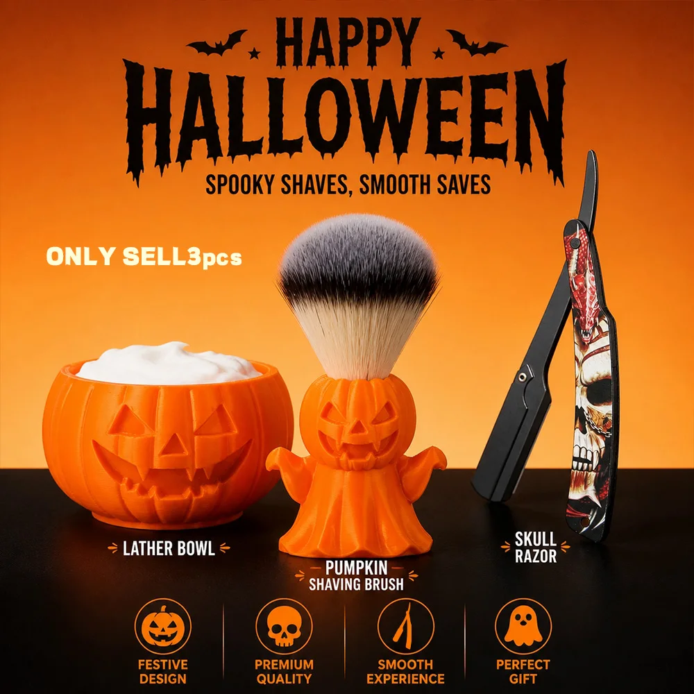 3-Piece Halloween Men's Vintage Shaving Set, Pumpkin Carving Lathering Bowl, Pumpkin Ghost Shaving Brush, Black Skull Dragon Pattern Straight Razor Stand, Dark Salon Wet Shaving Grooming Set, Holiday Birthday Gift for Men/Husbands/Boyfriends, Does Not Include Razor Blades